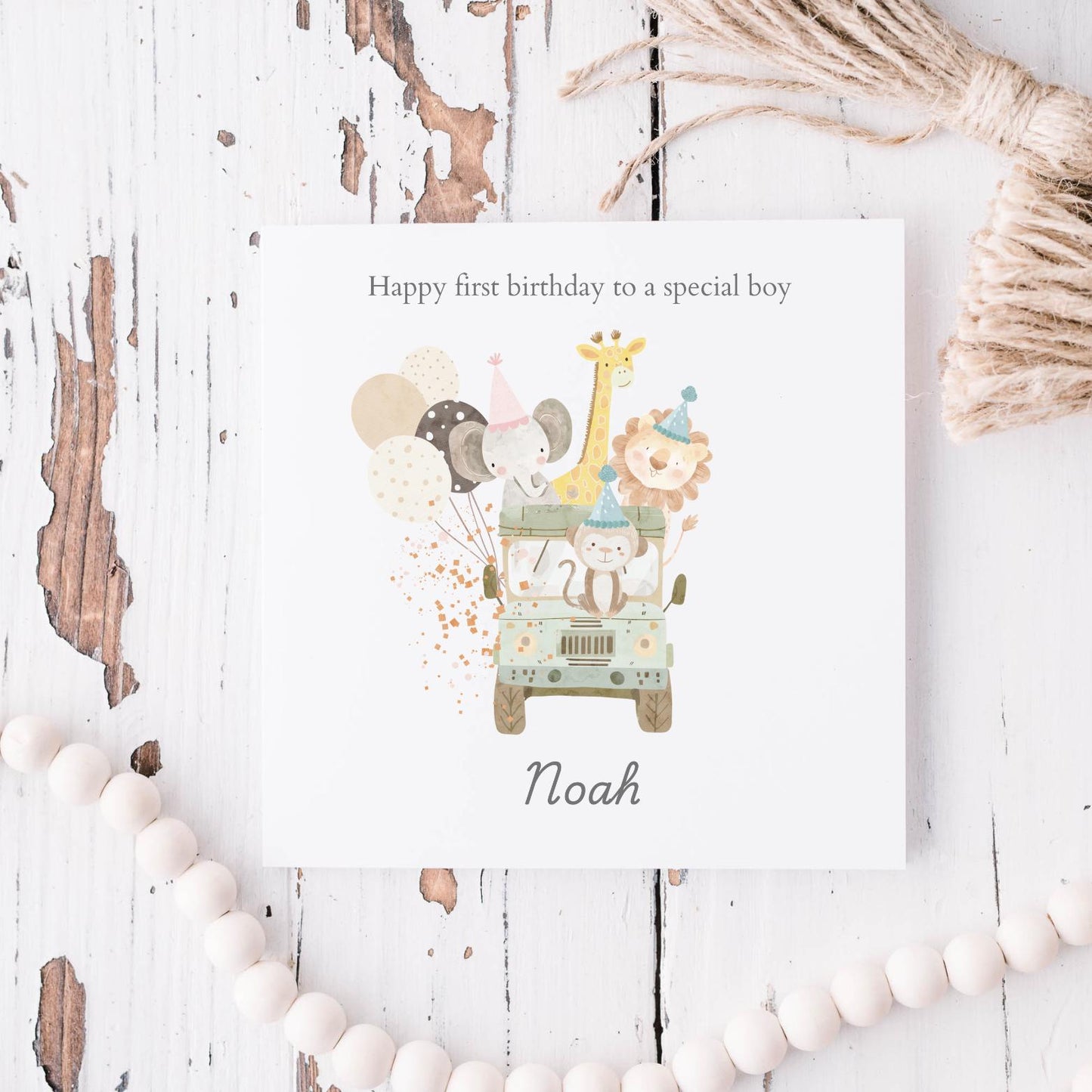 Personalised First Birthday Card Safari Jeep Animals | 1st birthday Animals card | First Birthday Card for Boy |1st Birthday Card for Son