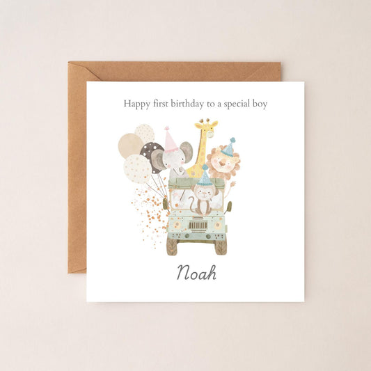 Personalised First Birthday Card Safari Jeep Animals | 1st birthday Animals card | First Birthday Card for Boy |1st Birthday Card for Son