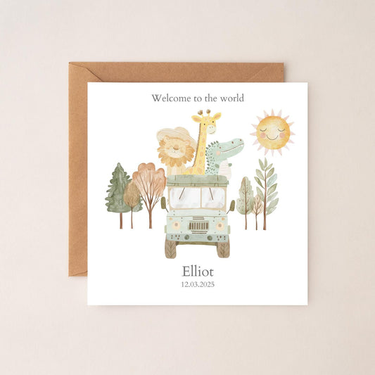 Personalised Safari New Baby Card - Neutral Welcome to the World Card - Safari Jeep Animal Baby Card- Personalised Newborn Card