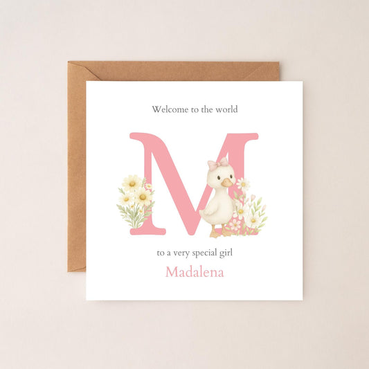Personalised New Baby Goose Card, Personalised Baby Pink Greeting Card ,Goose Baby Card, Initial Baby Card