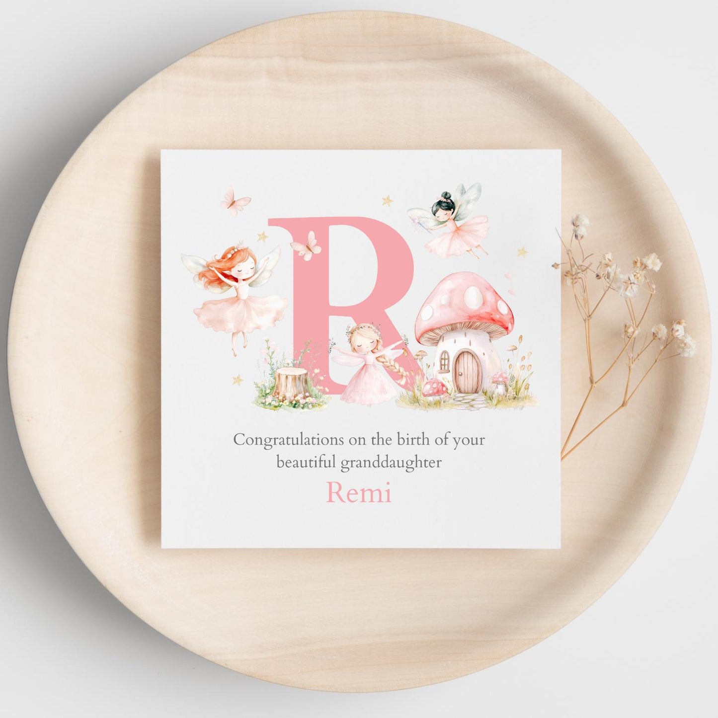 Personalised New Baby Fairy Card Granddaughter, Personalised Baby Pink Greeting Card ,Fairy Baby Card, Initial Baby Card