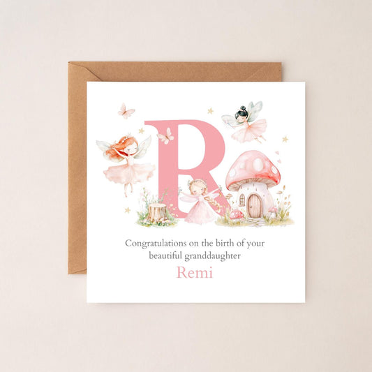Personalised New Baby Fairy Card Granddaughter, Personalised Baby Pink Greeting Card ,Fairy Baby Card, Initial Baby Card