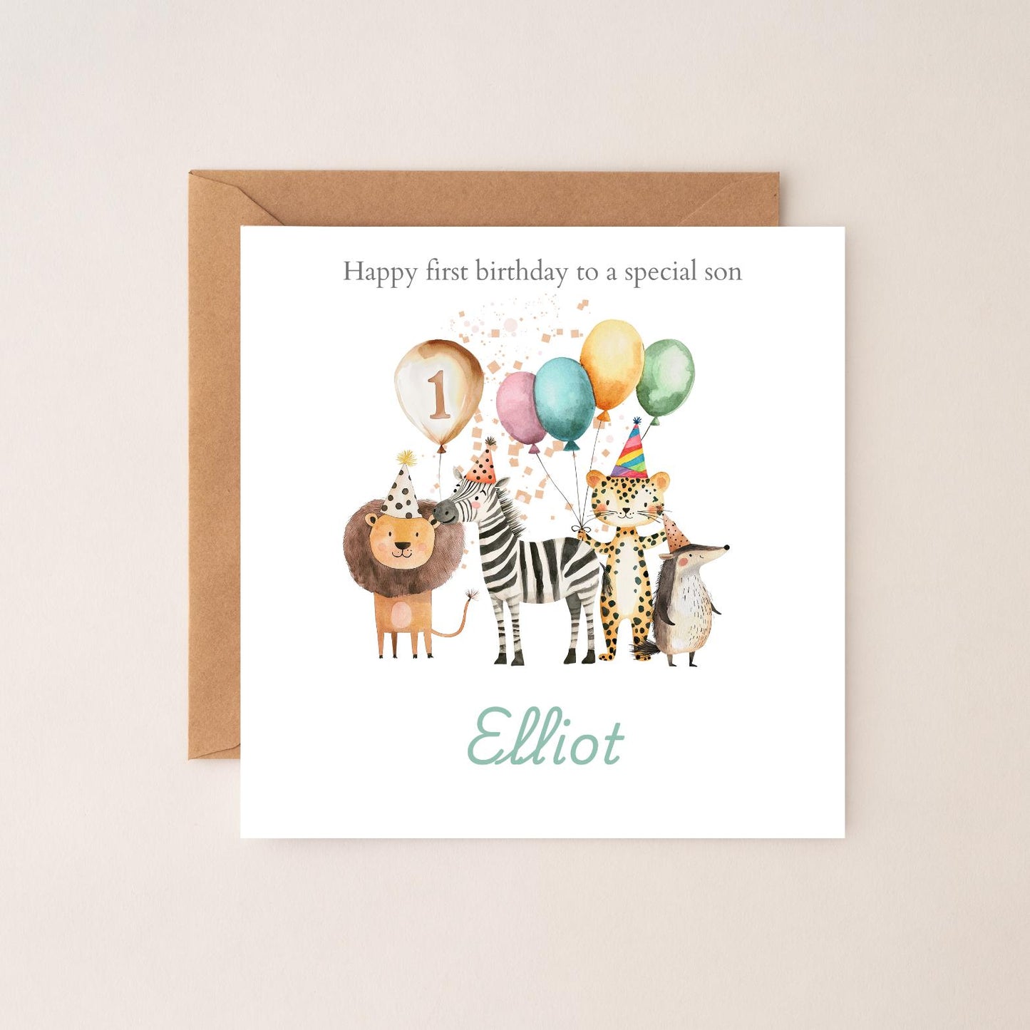 Personalised Son Second Birthday Card Safari Animals | 2nd. 3rd birthday Animals card | First Birthday Card for Boy, Any Age & Relation