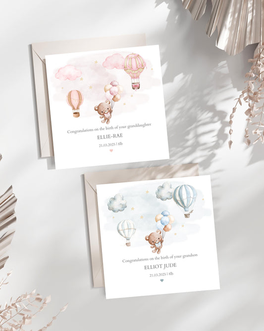 Personalised New Baby Bear Card: Pink or Blue, Any Relation