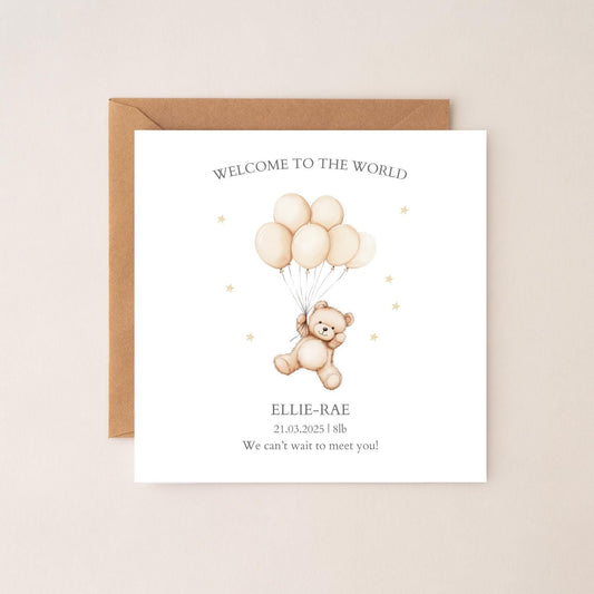 Personalised New Baby Card, Balloon Bear Baby Card for Granddaughter, Neutral New Baby Newborn Card for Niece