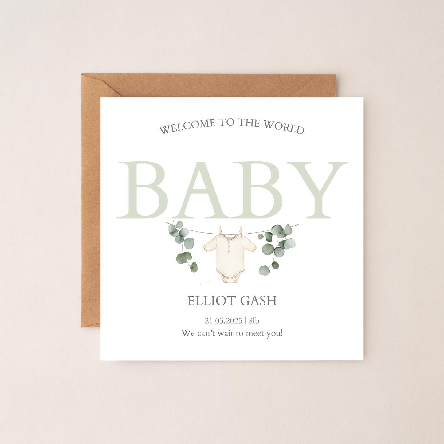 Personalised New Baby Card: Sage Green Welcome Card for Boy or Girl