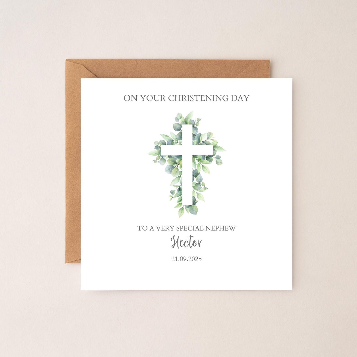 Personalised Godson Christening Card, Baptism Greenery Cross Card, Christening card for Boy or Girl Grandson, Son