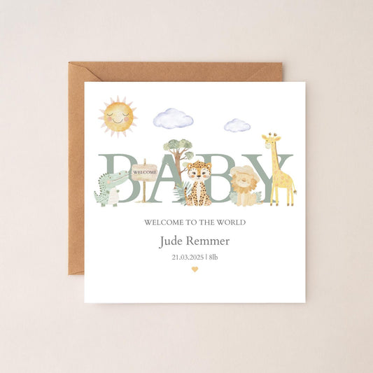Personalised Safari New Baby Card: Welcome to the World