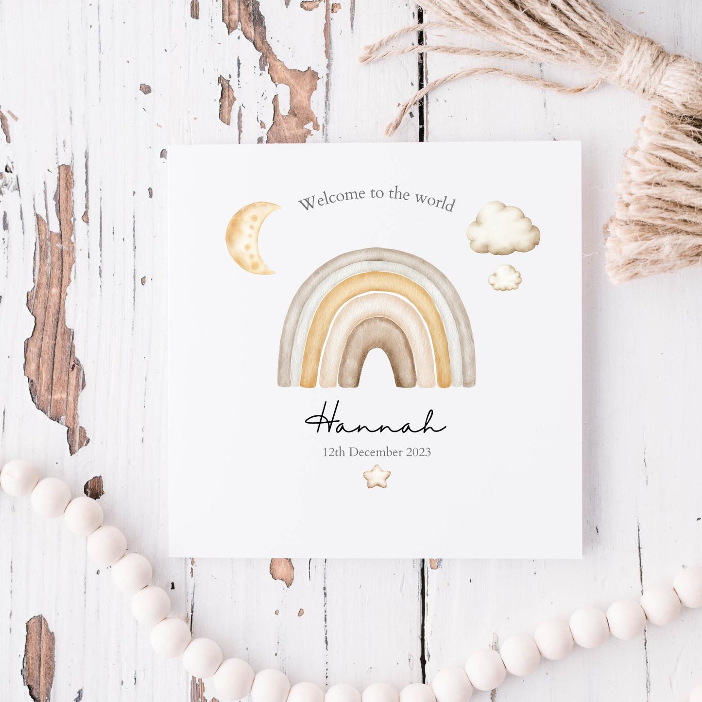 Personalised New Baby Card - Neutral Welcome to the World Card - Rainbow Card- Personalised Newborn Card RD2