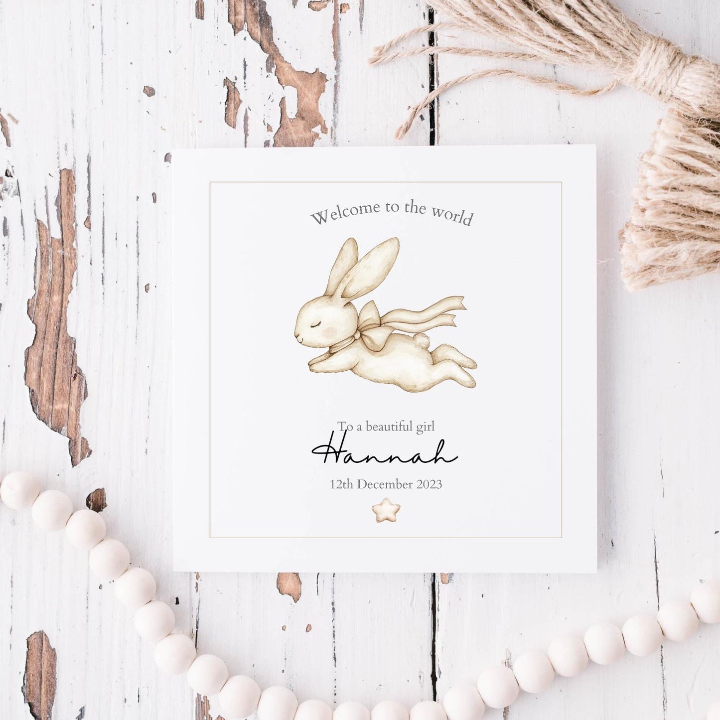 Personalised New Baby Card - Neutral Welcome to the World Card - Bunny Baby Card- Personalised Newborn Card RD3