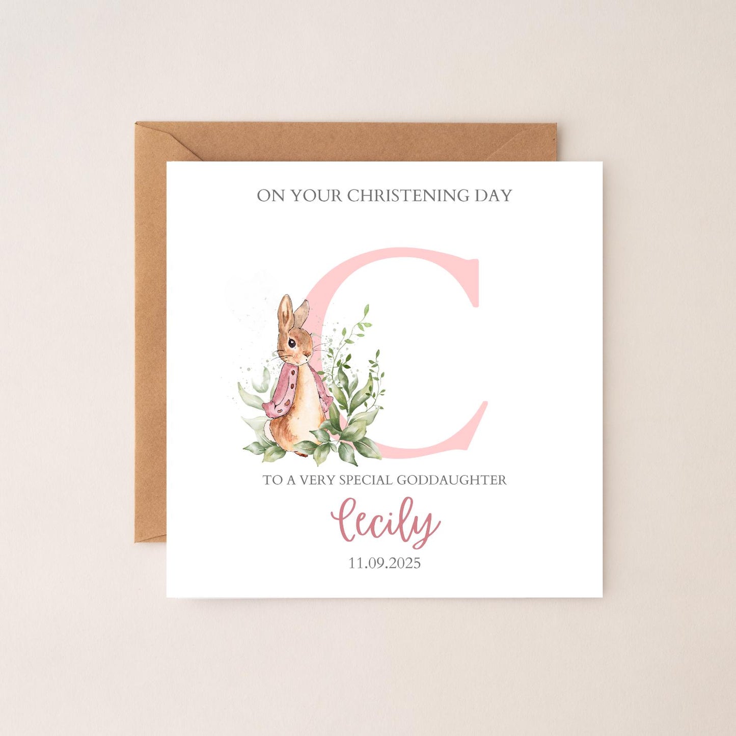 Personalised Rabbit Flopsy Bunny Christening Card, Baptism Card Boy or Girl, Baby Baptism Card for Godson, Goddaughter, Any relation