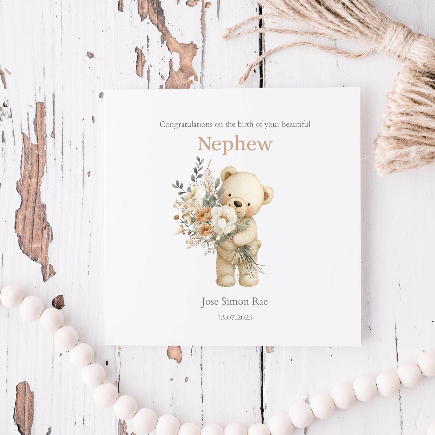 Personalised New Nephew Card - Personalised Baby Card for Nephew - Bear Nephew Card- Personalised Newborn Card