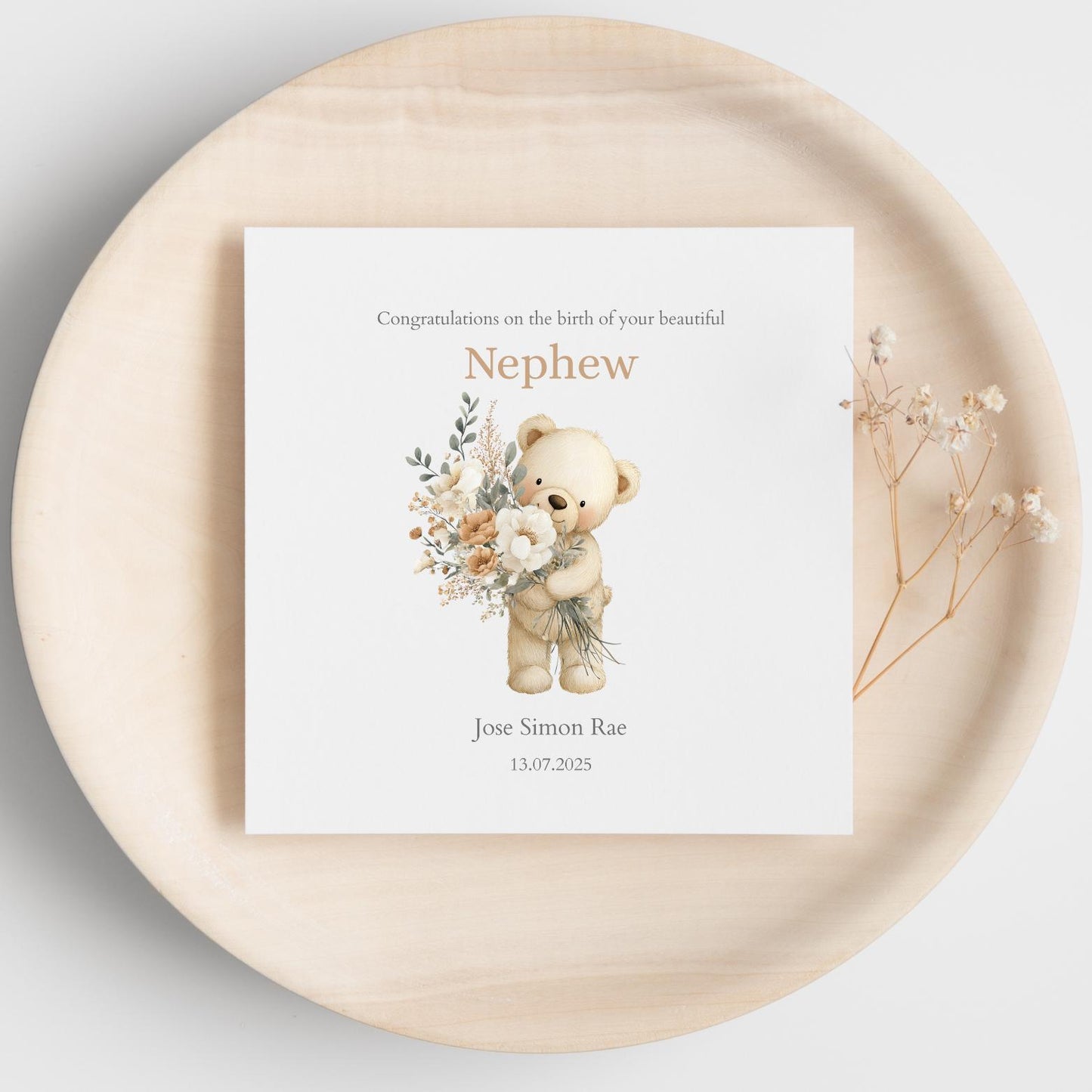 Personalised New Nephew Card - Personalised Baby Card for Nephew - Bear Nephew Card- Personalised Newborn Card