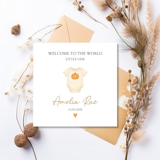Personalised Autumn New Baby Card| Halloween Welcome to the world card | Little Pumpkin Card for granddaughter Any Relation
