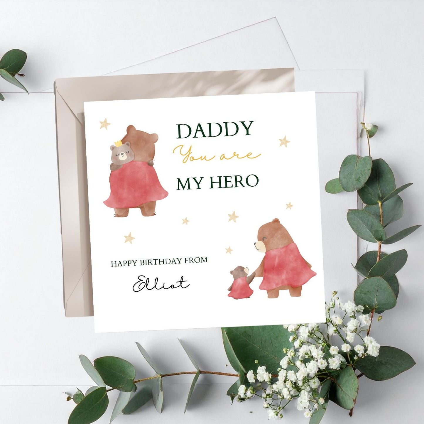 Personalised Daddy Hero Bear Card - You are my Hero Dad Birthday Card -Best Dad Card
