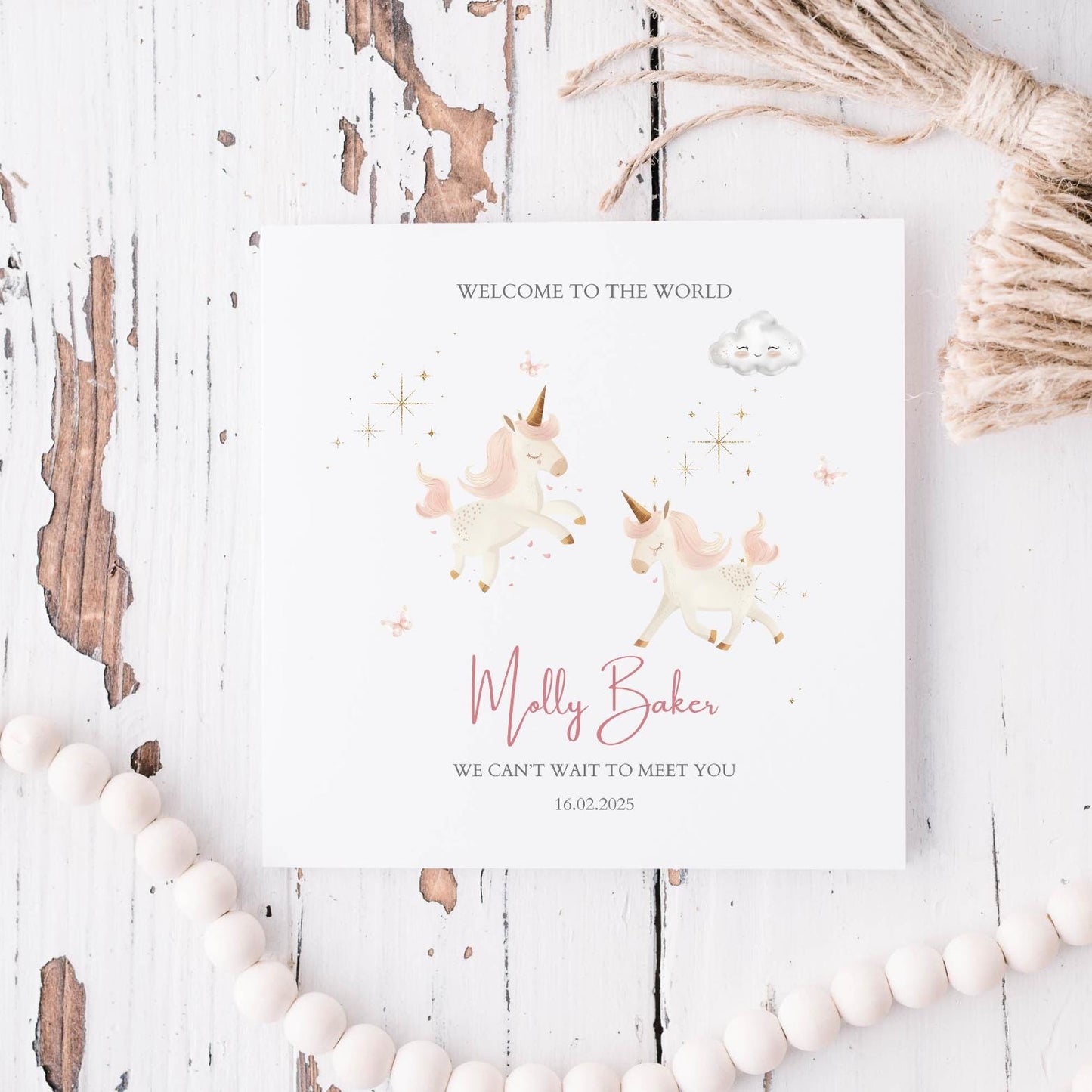 Personalised New Baby Card, Personalised Baby Unicorn Girl Greeting Card ,Baby's Name Greeting Card, Magical Unicorn Card