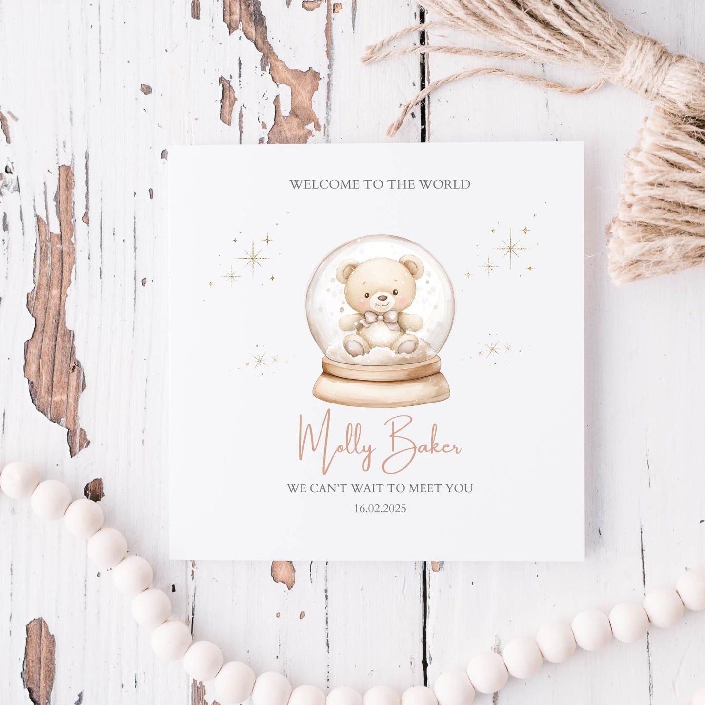 Personalised New Baby Bear Card - Neutral Welcome to the World Card - Bear Card- Personalised Newborn Card, New Granddaughter Card
