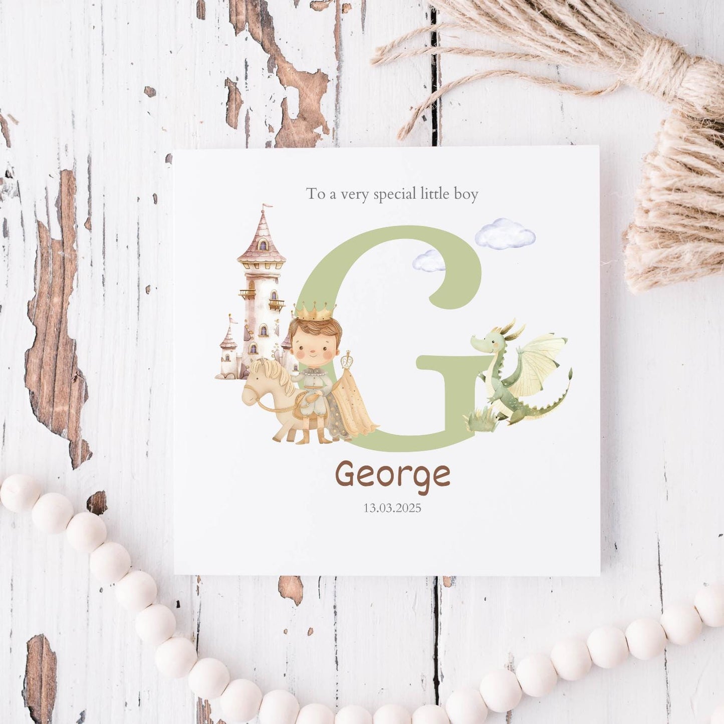 Personalised Prince Dragon New Baby Card, Personalised New Baby Boy Grandson Card ,Baby's Name Initial Card, Dragon Baby Card For Boy,Nephew