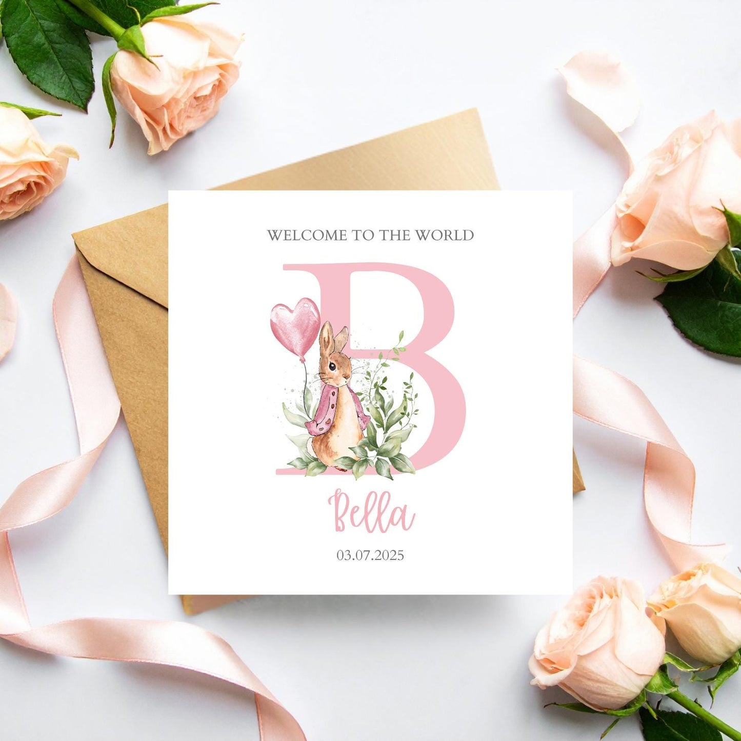 Personalised Flopsy Rabbit New Baby Card, Personalised New Baby Girl,Boy Greeting Card ,Baby's Name Initial Card, Flopsy Bunny Rabbit Card