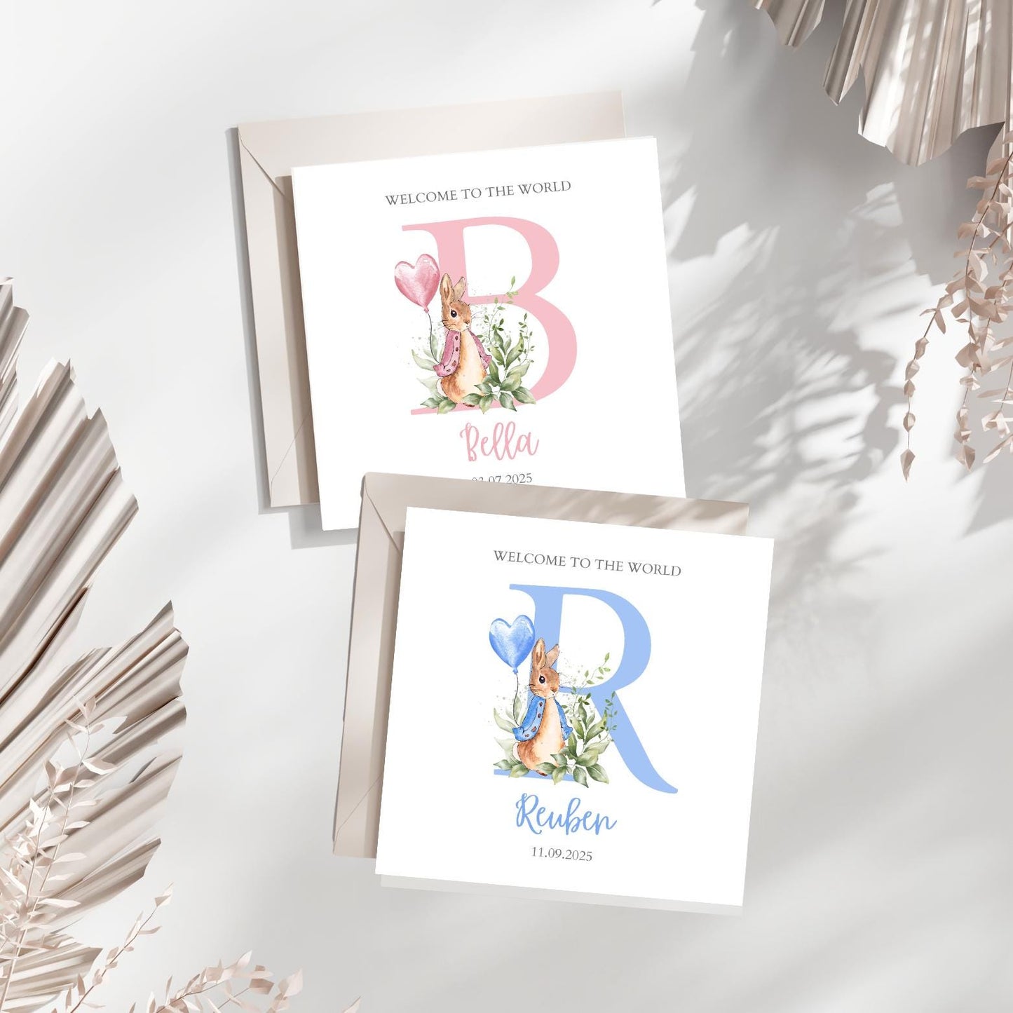Personalised Flopsy Rabbit New Baby Card, Personalised New Baby Girl,Boy Greeting Card ,Baby's Name Initial Card, Flopsy Bunny Rabbit Card