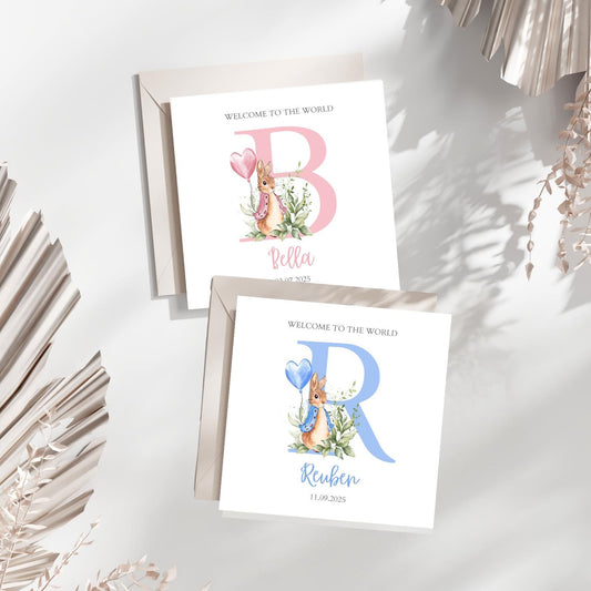 Personalised Flopsy Rabbit New Baby Card, Personalised New Baby Girl,Boy Greeting Card ,Baby's Name Initial Card, Flopsy Bunny Rabbit Card