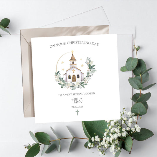 Personalised Granddaughter Christening Card, Baptism Greenery Church Card, Naming Day Card for Boy or Girl. Any Relation. Greenery Church