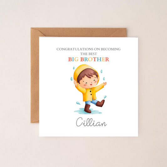 Personalised Big Brother Card - Boy Big Brother Card For Son - Promoted to Big Brother- Boy In the Rain Design, Brother Announcement