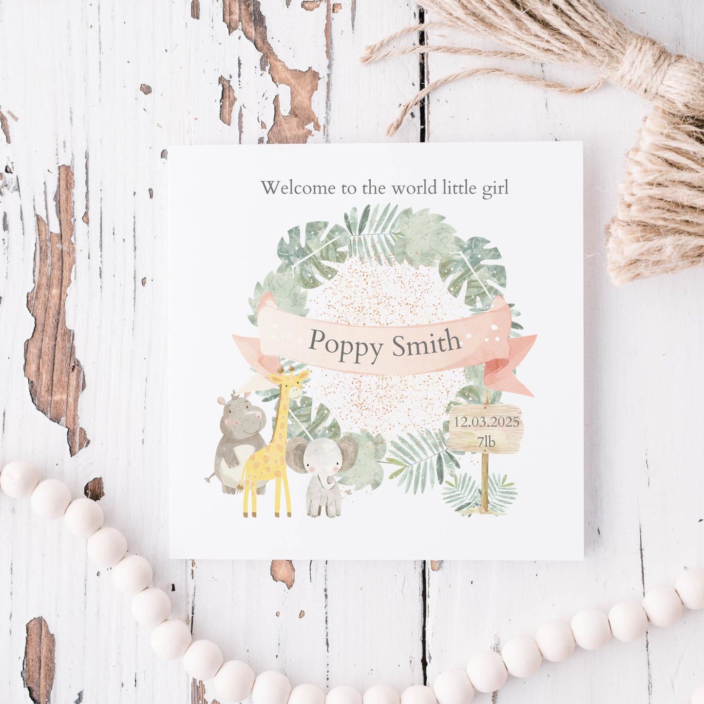Personalised New Baby Card - Neutral Welcome to the World Card - Safari Animal Baby Card- Personalised Newborn Card RD45