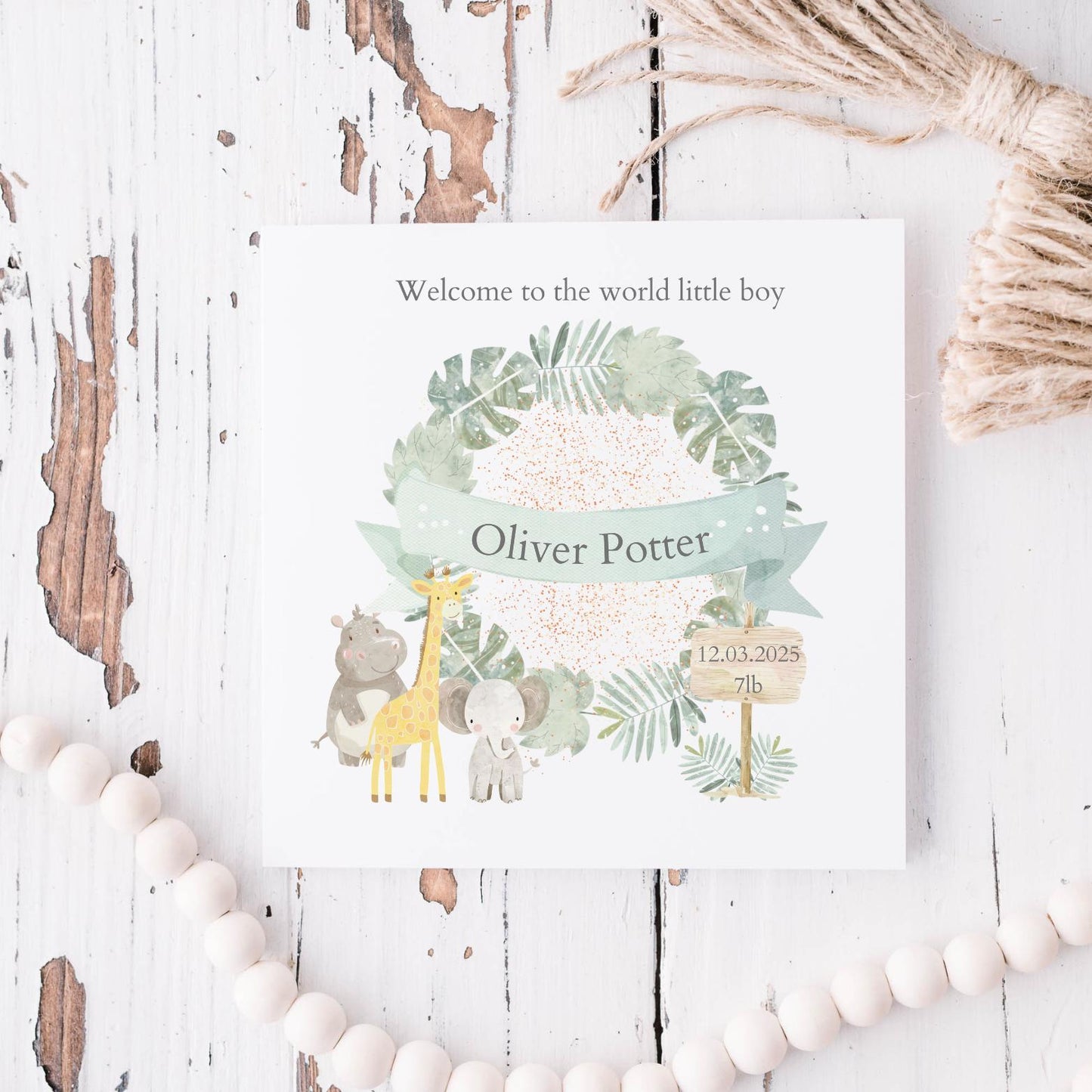 Personalised New Baby Card - Neutral Welcome to the World Card - Safari Animal Baby Card- Personalised Newborn Card