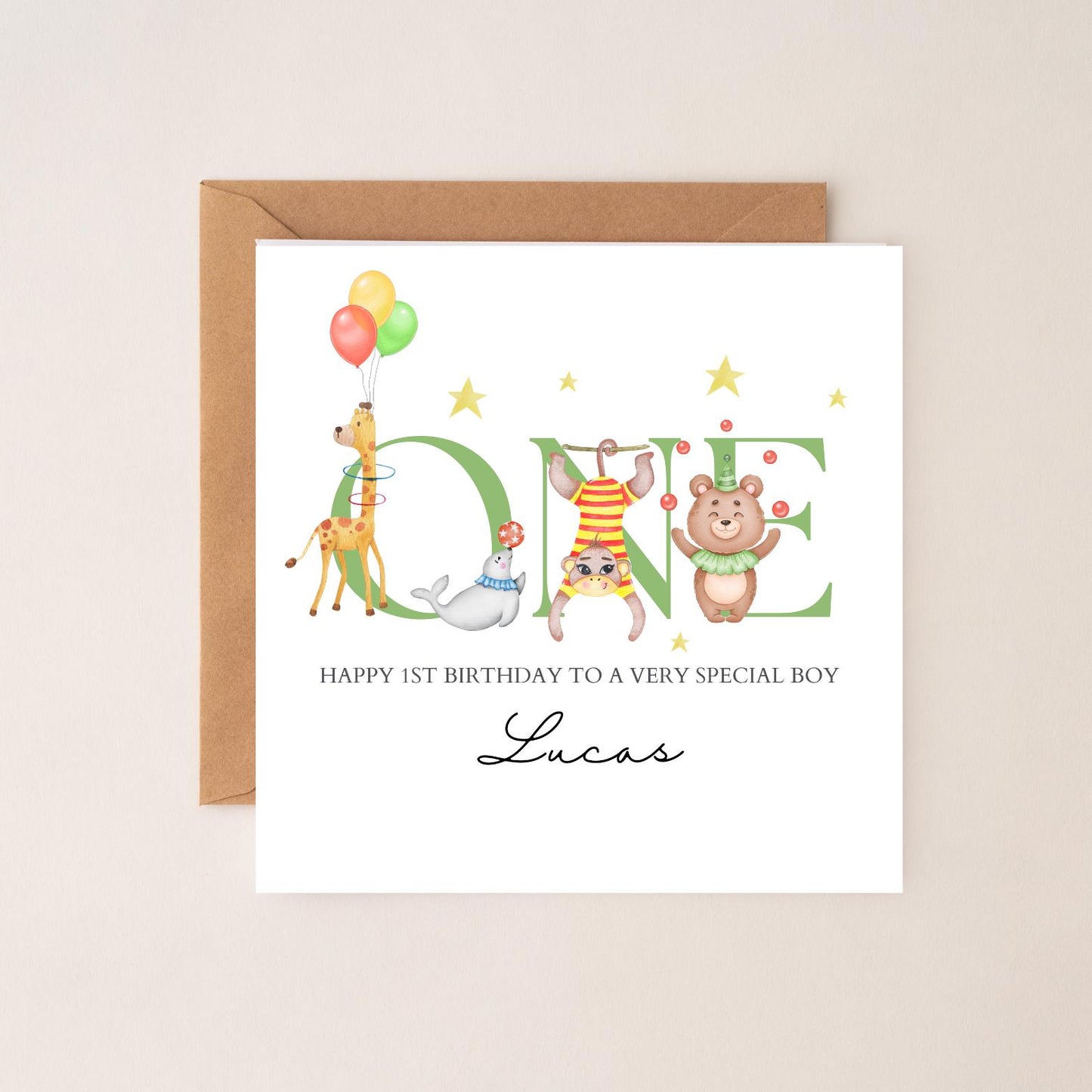 Personalised First Birthday Card Circus Animals Design | 1st birthday circus card | One Personalised Birthday Card Boy & Girl, Any Relation