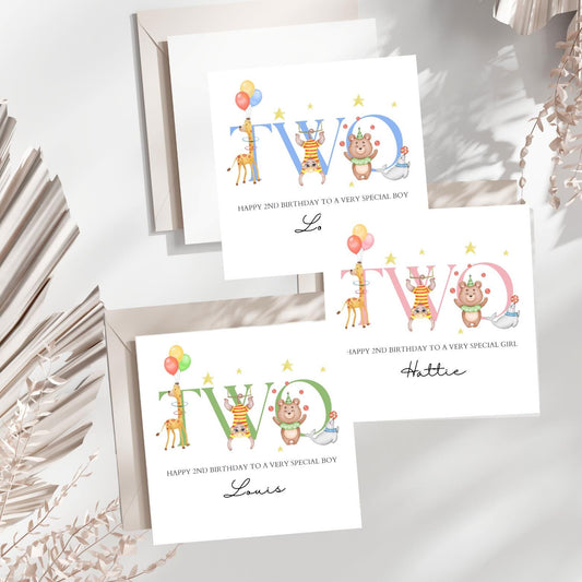 Personalised Second Birthday Card Circus Animals Design | 2nd birthday circus card | Two Personalised Birthday Card Boy & Girl, Any Relation