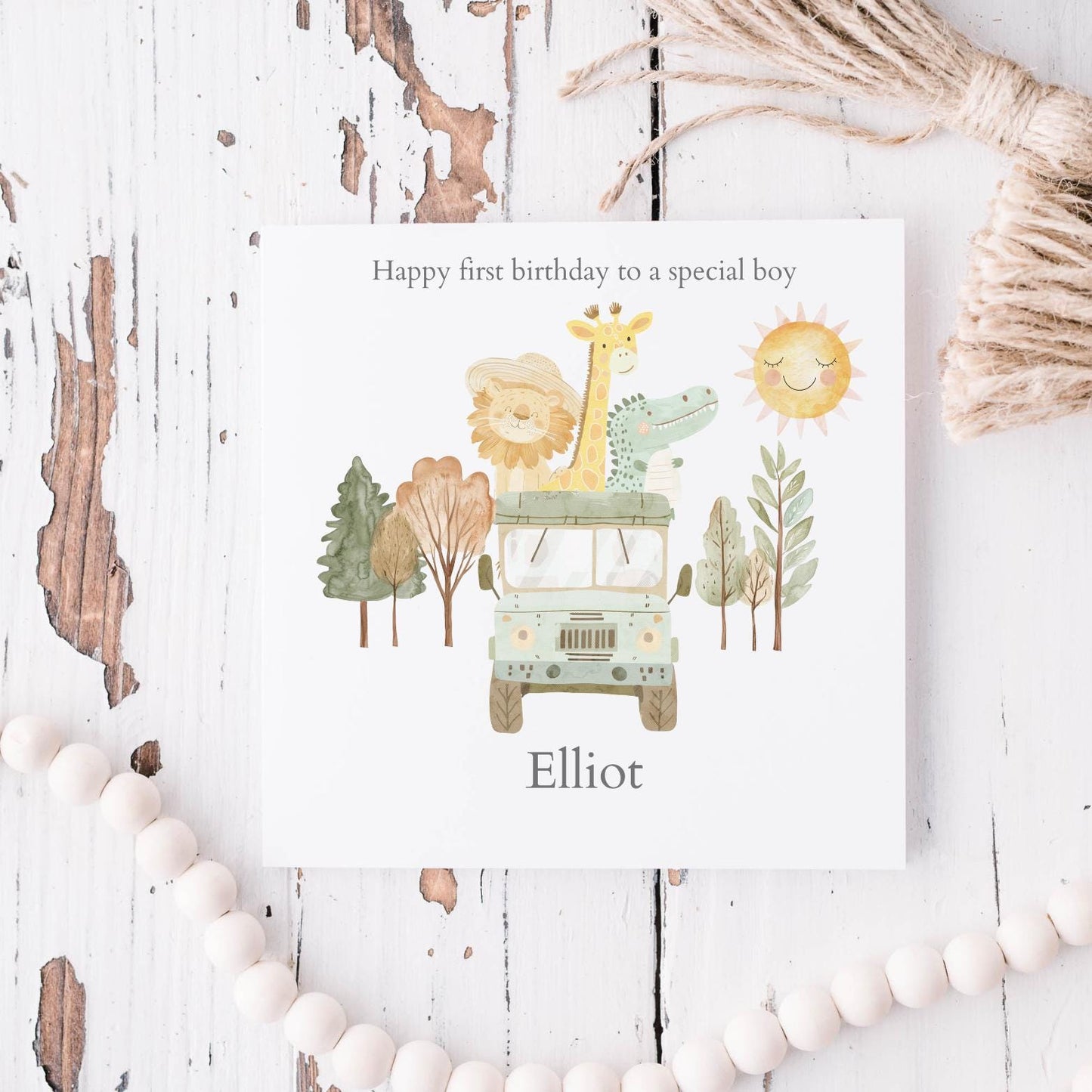 Personalised First Birthday Card Safari Jeep Animals | 1st birthday Animals card | First Birthday Card for Boy |1st Birthday Card for Son