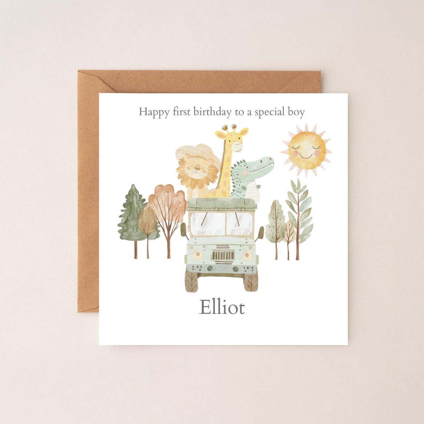 Personalised First Birthday Card Safari Jeep Animals | 1st birthday Animals card | First Birthday Card for Boy |1st Birthday Card for Son