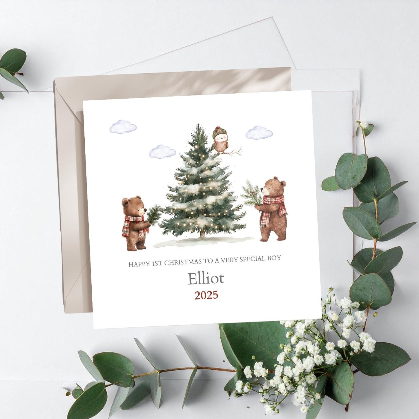 Personalised Child Christmas Card Woodland Bear|1st Christmas Card for Kids |2025 Christmas Woodland Animals Card for Son, Daughter