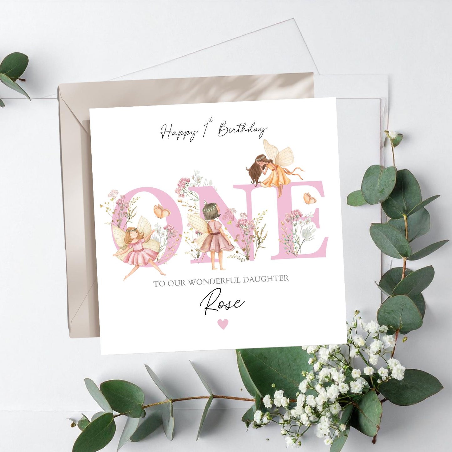 Personalised First Birthday Fairy Card |One birthday Magic Pink card |1st Birthday Card for Girl, Granddaughter, Daughter, Any Relation