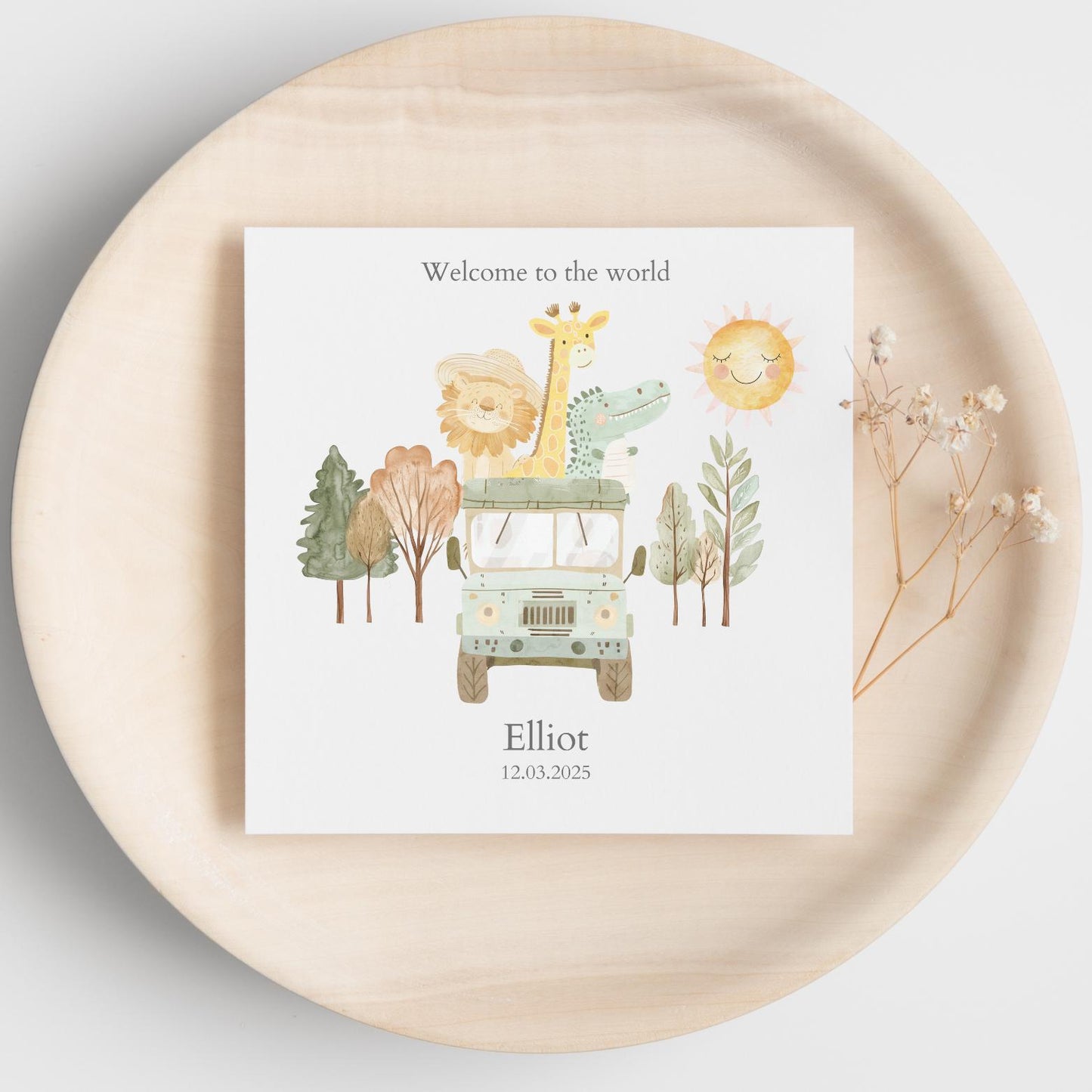 Personalised Safari New Baby Card - Neutral Welcome to the World Card - Safari Jeep Animal Baby Card- Personalised Newborn Card