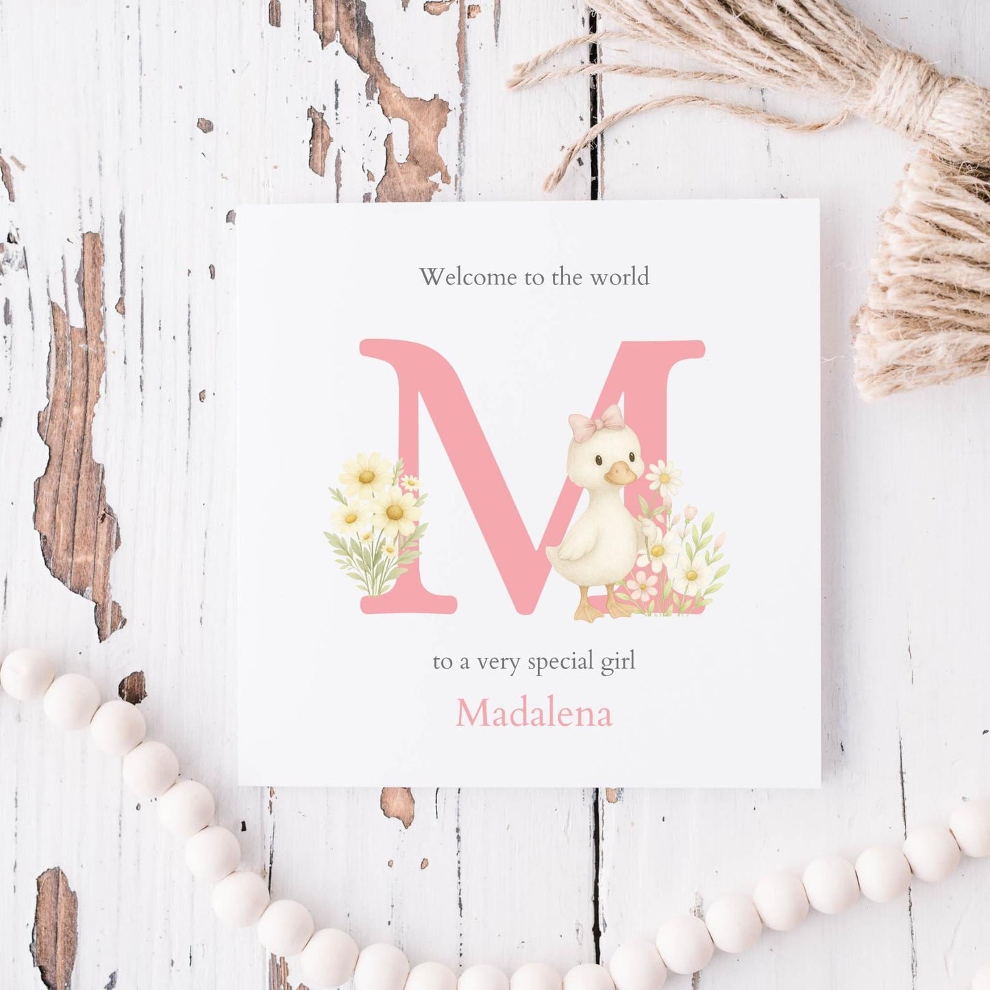 Personalised New Baby Goose Card, Personalised Baby Pink Greeting Card ,Goose Baby Card, Initial Baby Card