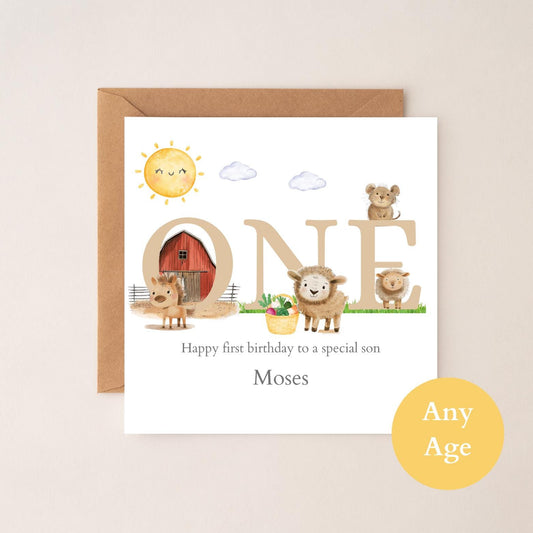 Personalised First Birthday Farm Card For Children| One birthday Farm animal card | First Personalised Birthday Card| Any Age