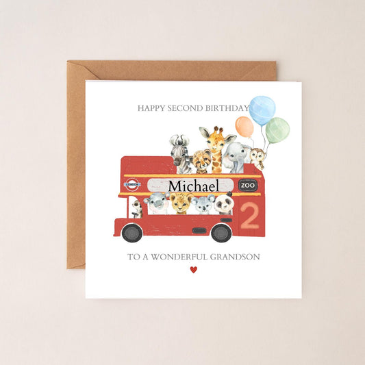Personalised Second Birthday Card Safari Animals London Bus | 2nd birthday Animals card | Second Birthday Card for Boy, Son, Grandson