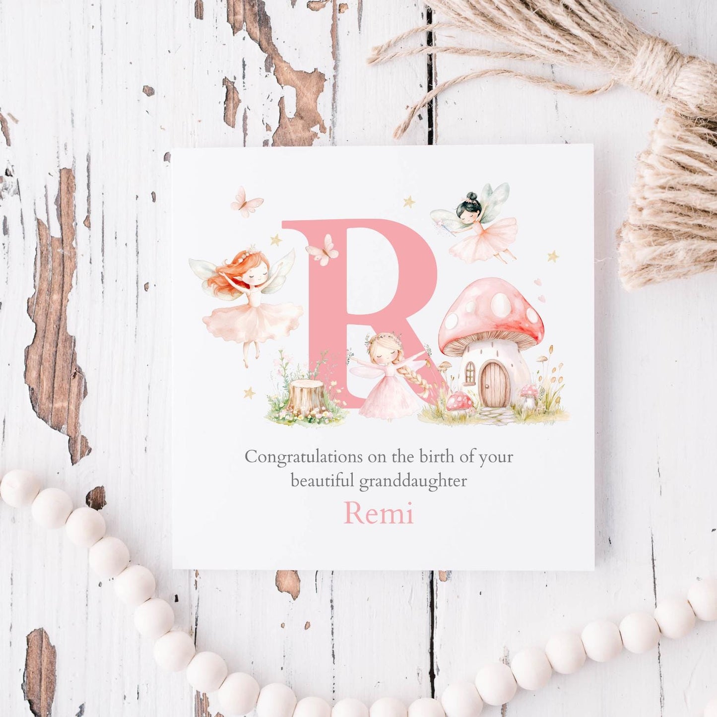 Personalised New Baby Fairy Card Granddaughter, Personalised Baby Pink Greeting Card ,Fairy Baby Card, Initial Baby Card