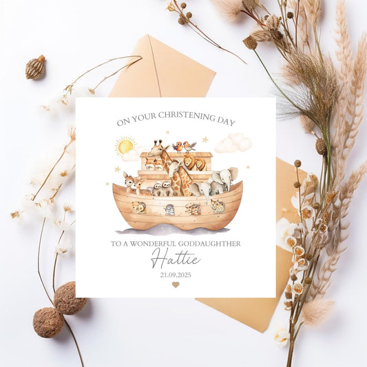 Personalised Noah's Ark Christening Card, Baptism Card, Personalised Baby Girl or Boy Greeting Card, Animal Ark Baptism Card, Any Relation