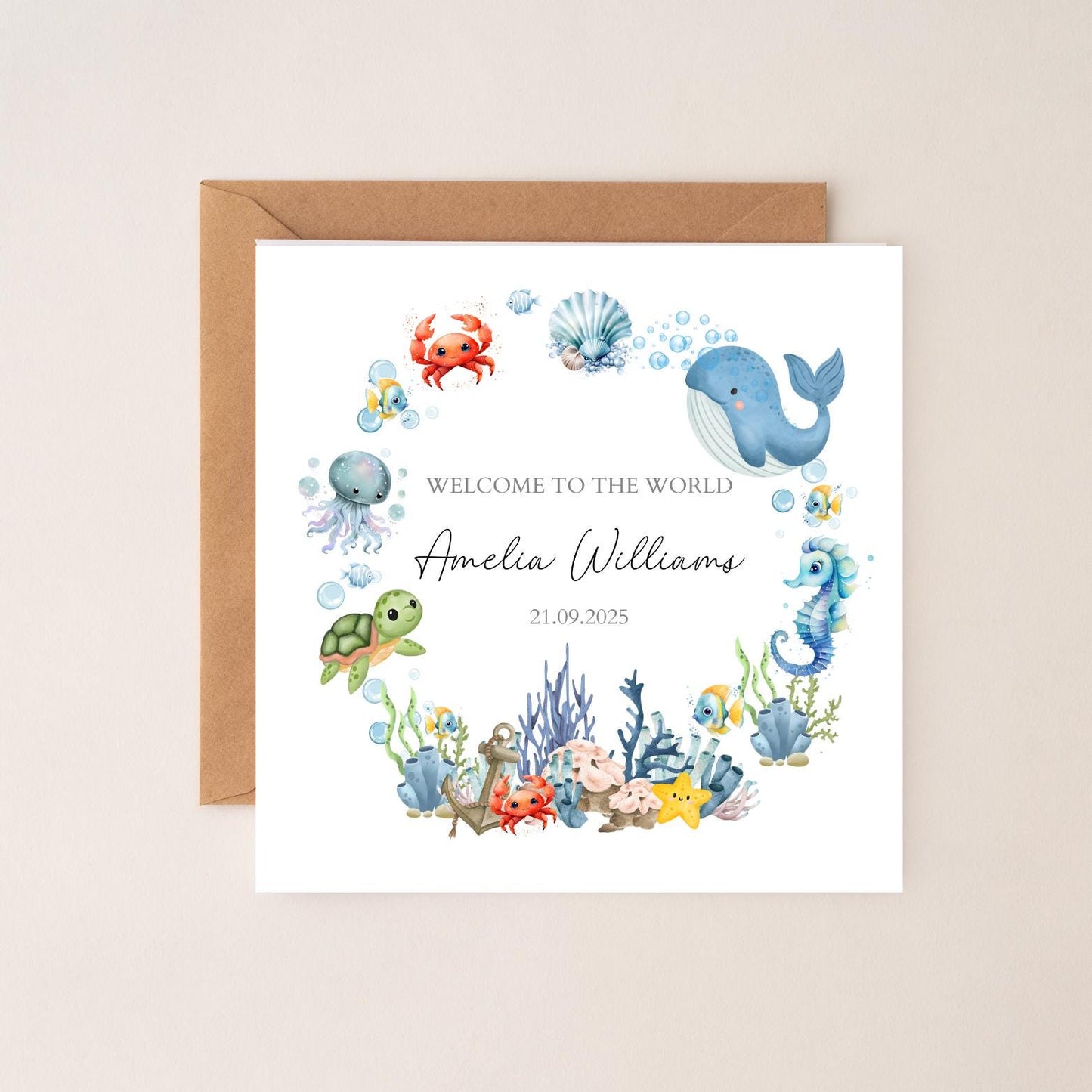Personalised Sea Life Animals New Baby Card, Personalised New Baby Girl or Boy Card , Sea Animals Design, Son, Grandson, Any Relation