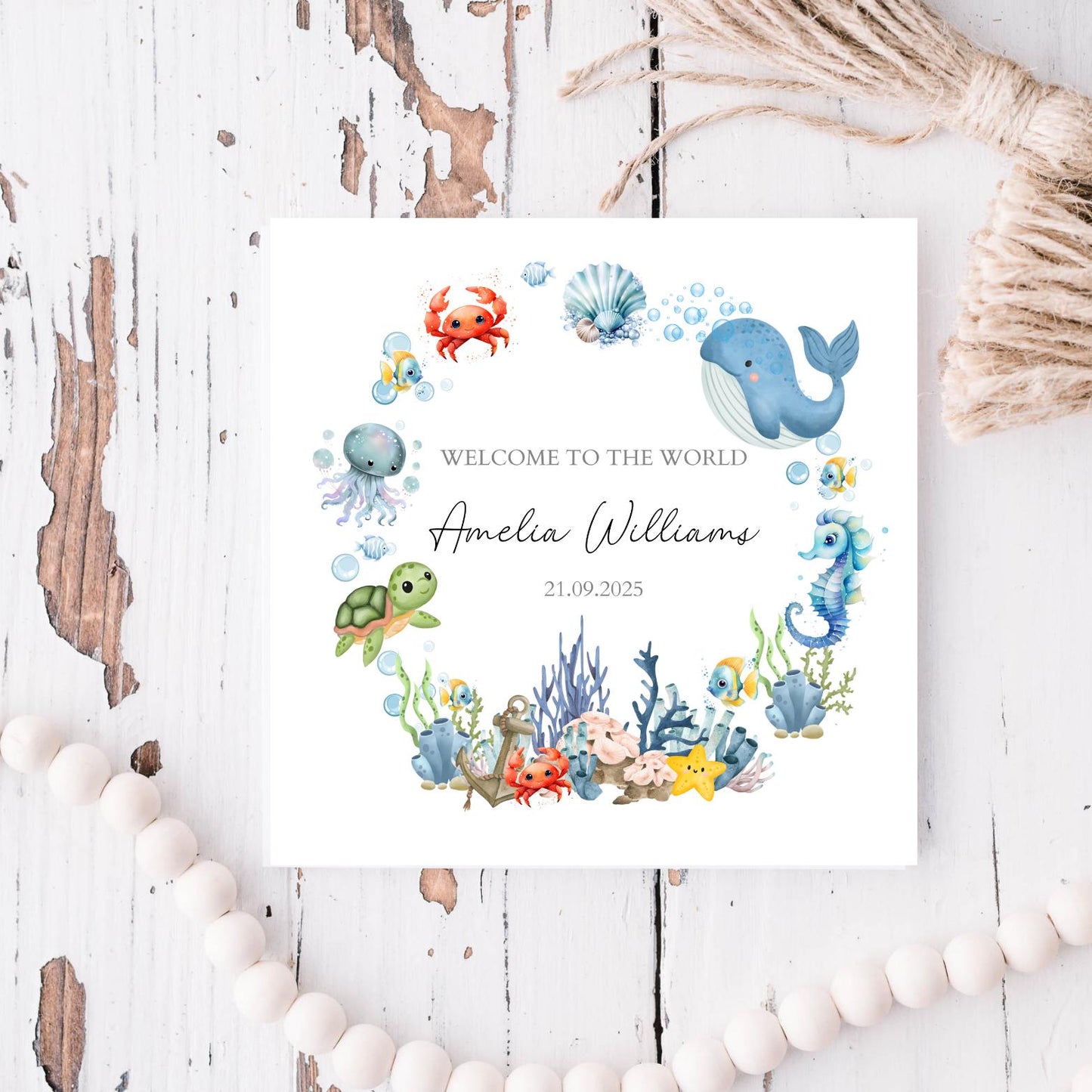 Personalised Sea Life Animals New Baby Card, Personalised New Baby Girl or Boy Card , Sea Animals Design, Son, Grandson, Any Relation