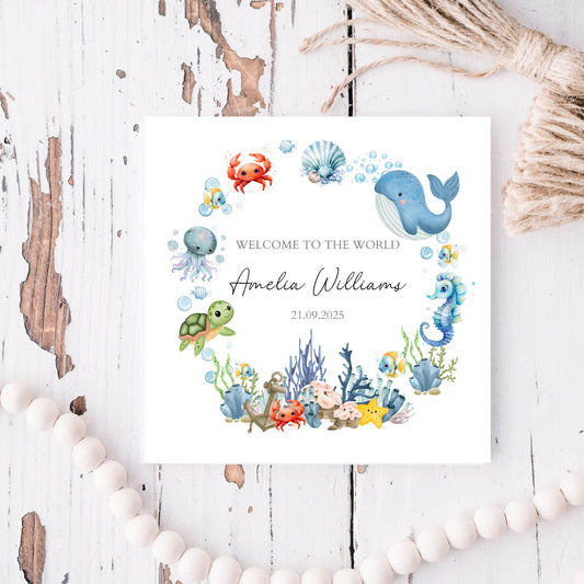 Personalised Sea Life Animals New Baby Card, Personalised New Baby Girl or Boy Card , Sea Animals Design, Son, Grandson, Any Relation