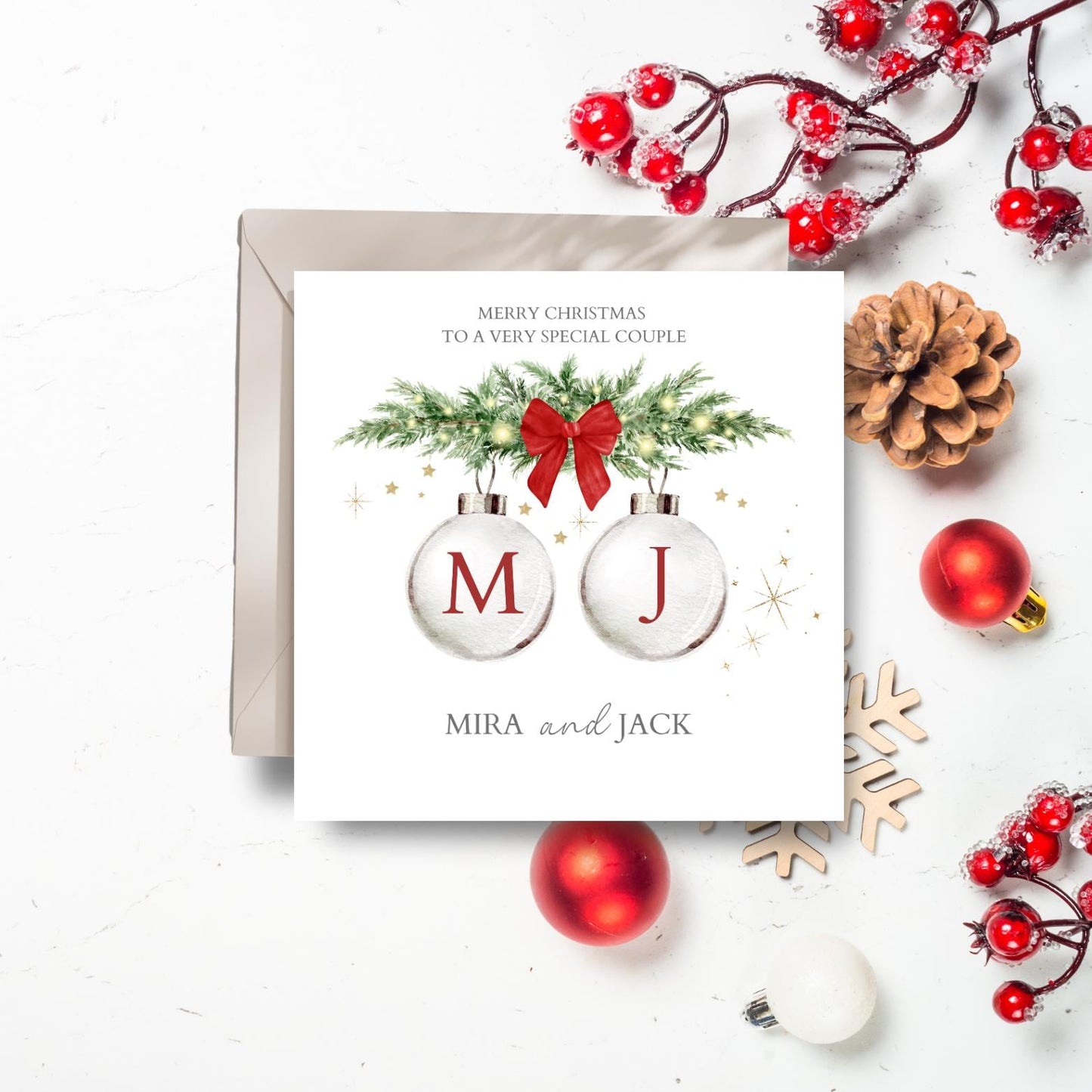 Personalised Special Couple Christmas Card, Couple Initials Bauble Christmas Card, Xmas Card Daughter, Son, In Law's Any Relation