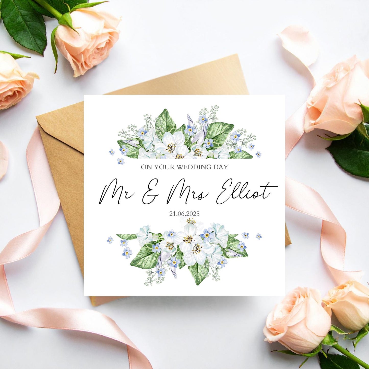 Personalised Mr & Mrs Wedding Card, Floral Wreath Wedding Card, Colour Choices, Pink, Blue Wedding Card, Custom Wedding Card