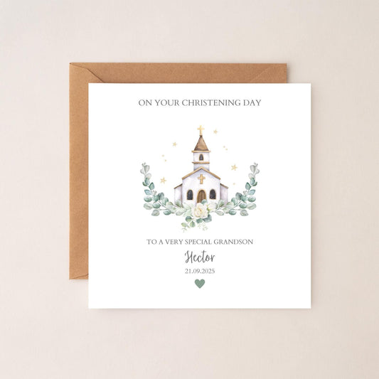 Personalised Grandson Christening Card, Baptism Greenery Church Card, Christening card for Boy RD119