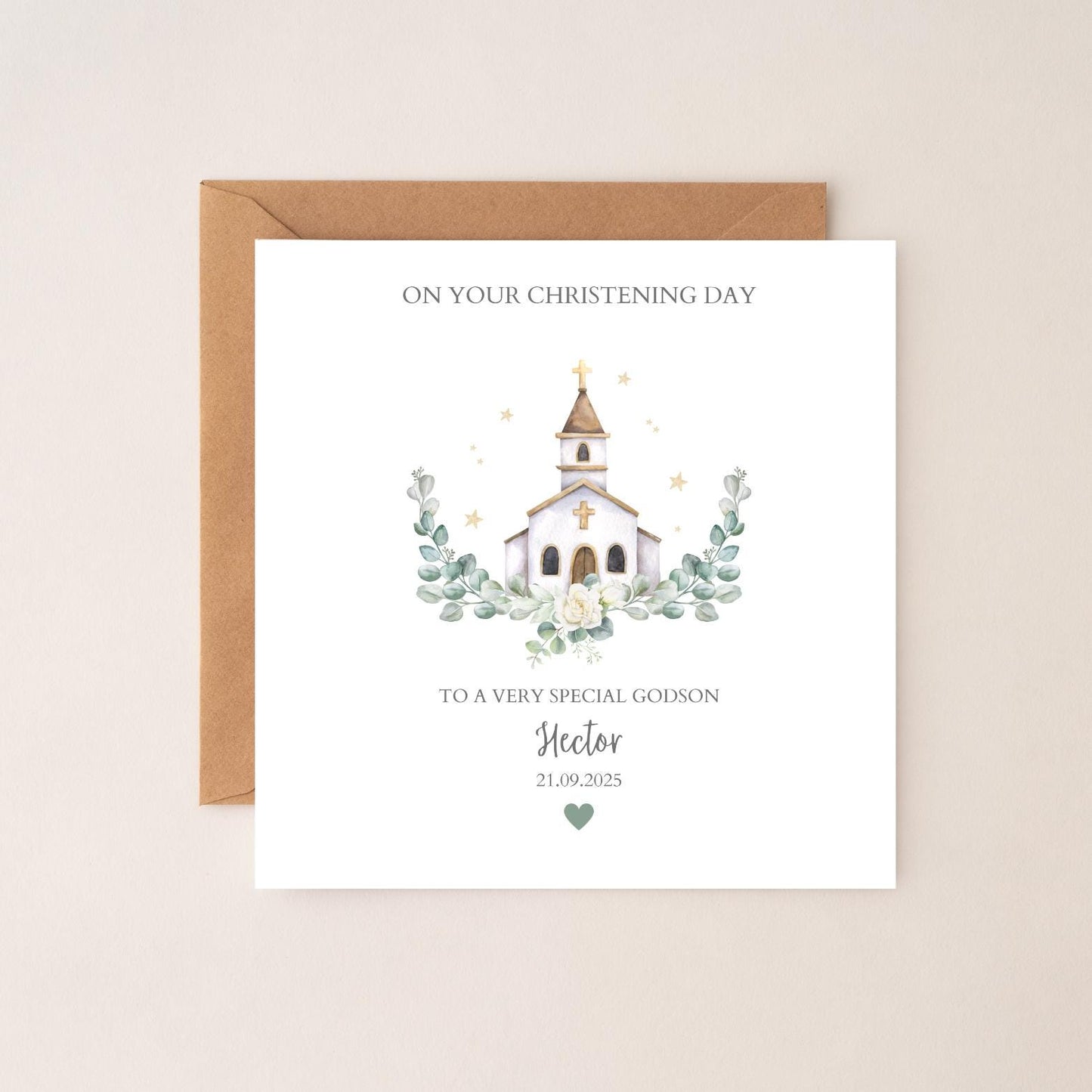 Personalised Godson Christening Card: Greenery Church Design