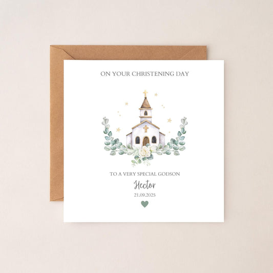 Personalised Godson Christening Card: Greenery Church Design