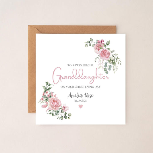 Personalised Granddaughter Christening Card, Baptism Roses Card, Christening card for Girl